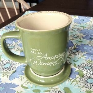 Abbey Gift Amazing Woman Ceramic Mug & Coaster/Lid Set Olive Green NEW NWT